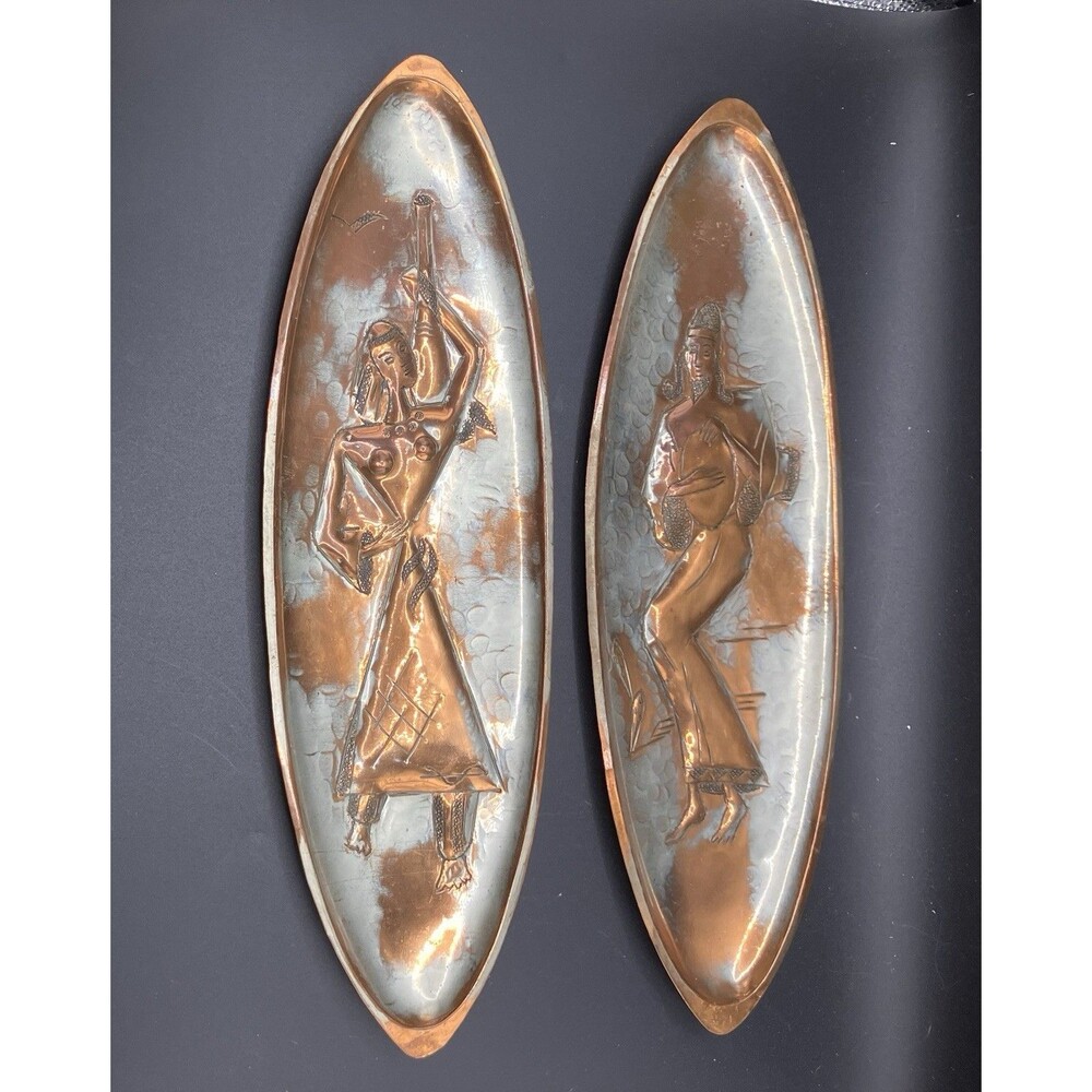 Pair Of Copper Metal Plates Trays Wall Hangings Handmade In Israel